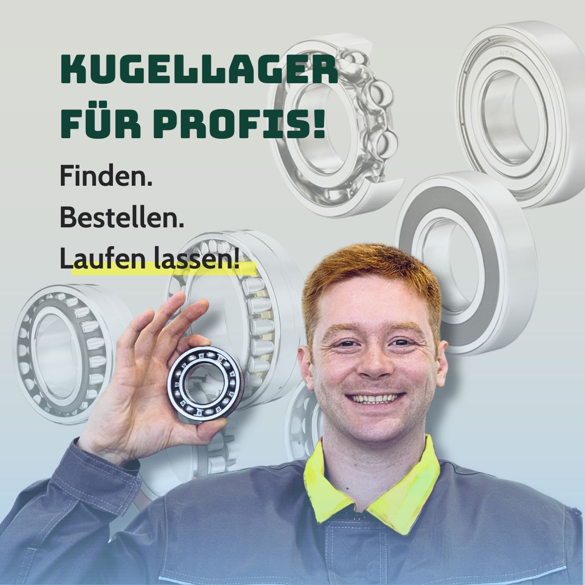 Mitarbeiter von MyKugellager hält ein Kugellager vor technischen Lagergrafiken